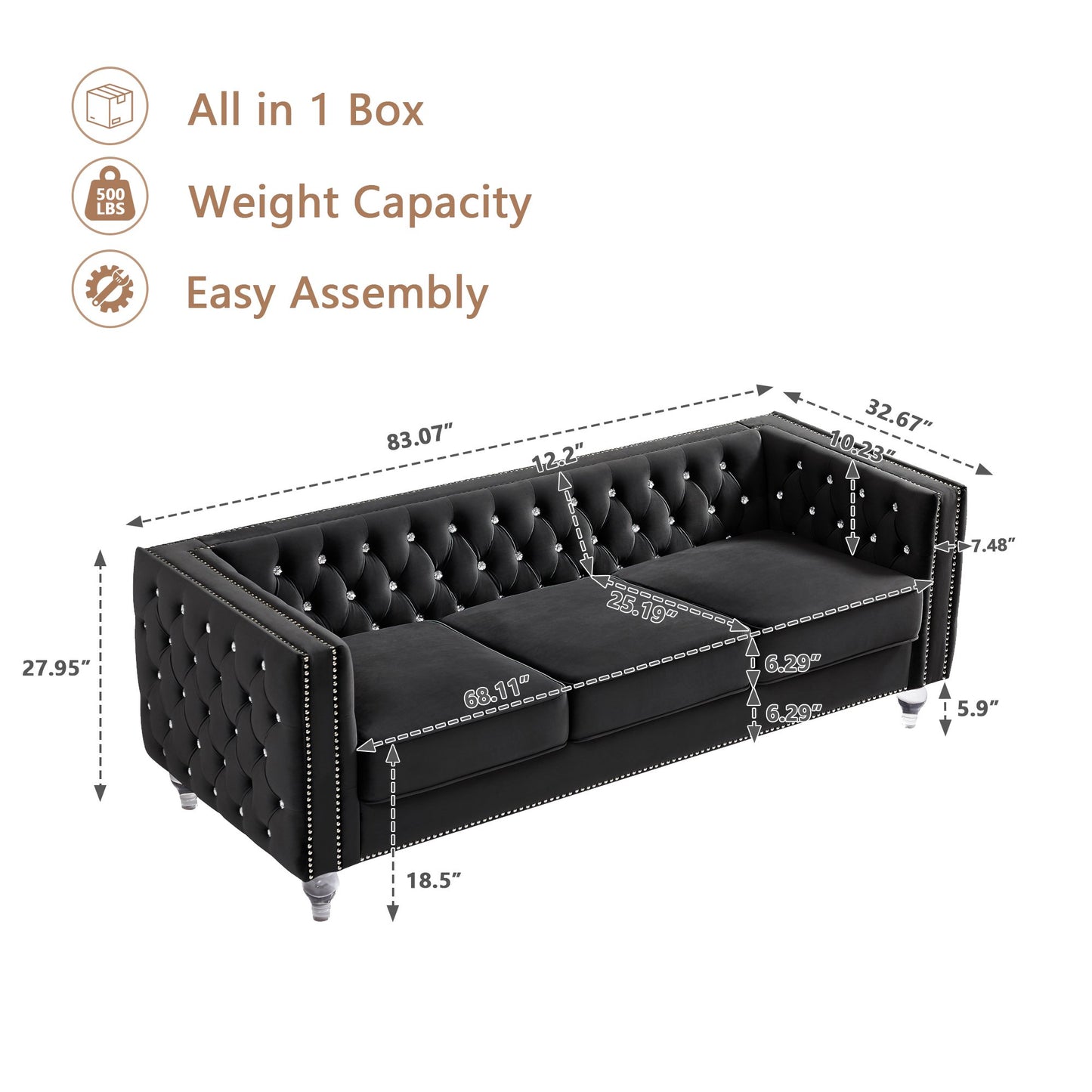 CAFORKP Velvet 3-Seater Sofa, Solid Wood Frame, Button Tufted, Curved Arms, Polyester Upholstery, Black