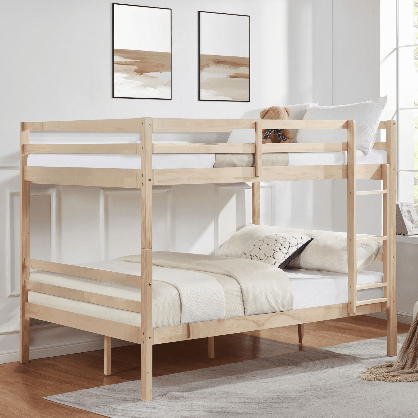 CAFORKP Solid Wood Full over Full Bunk Bed with Ladder & Guardrails, 400lbs Capacity, for Kids,Natural Wood