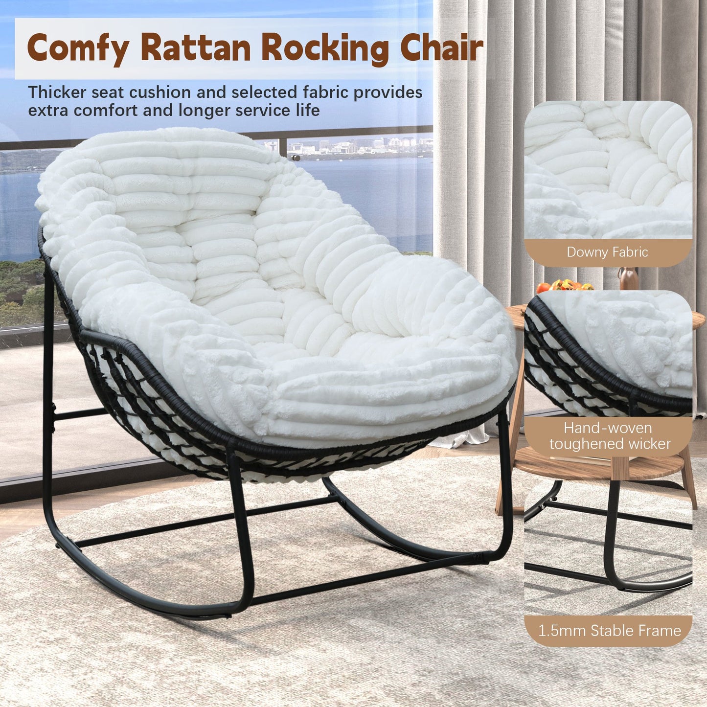 CAFORKP Carson Rocking Chair for Indoor/Outdoor Use, Plush Cushion, Steel Frame, Comfortable, White