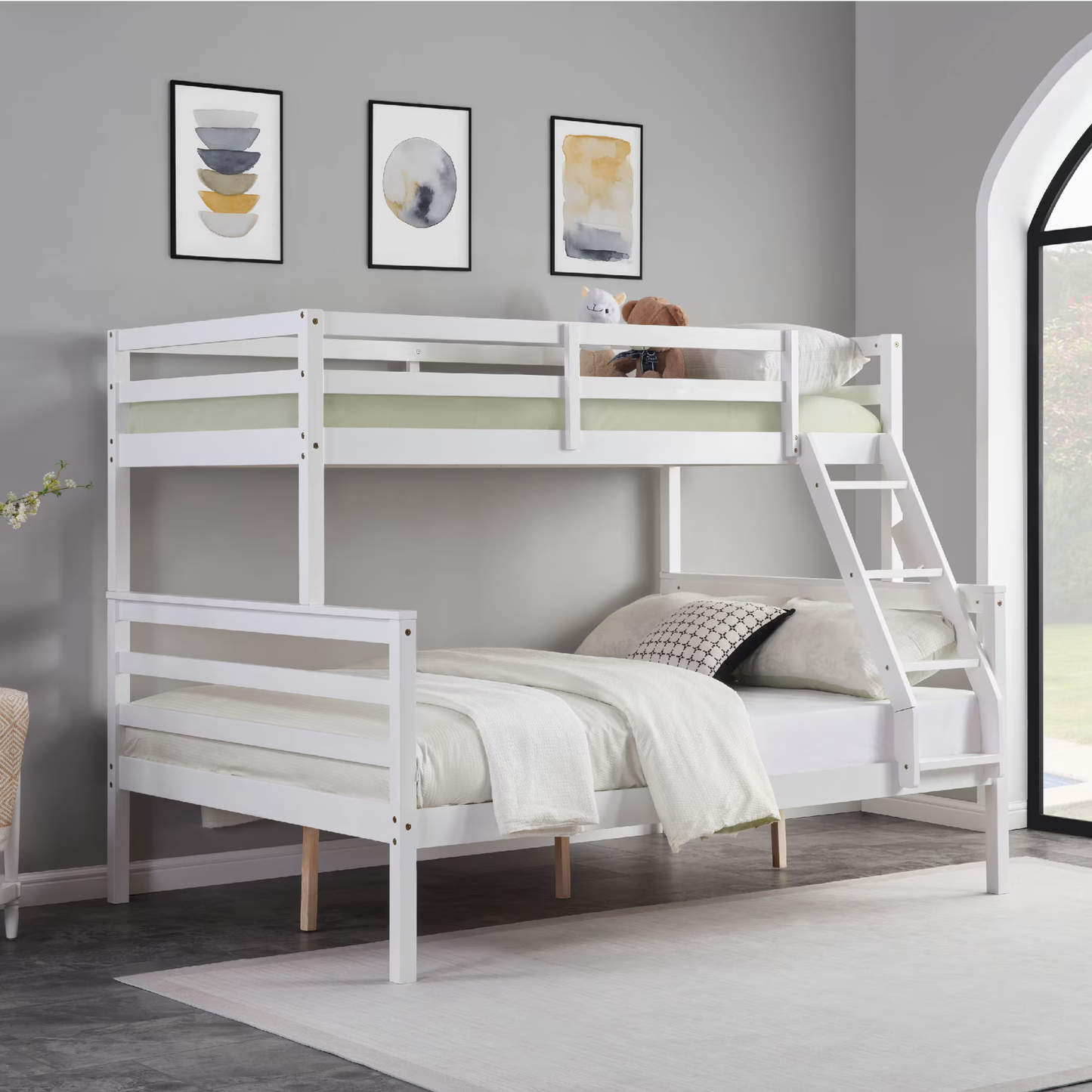 CAFORKP Solid Wood Twin Over Full Bunk Bed with Ladder and High Guardrail – Ideal for Kids & Teens, White