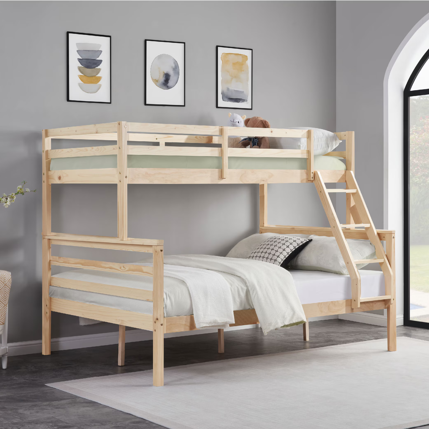 CAFORKP Solid Wood Twin Over Full Bunk Bed with Ladder and High Guardrail – Ideal for Kids & Teens, Natural Wood