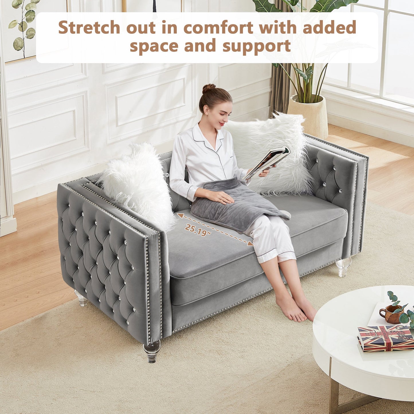 CAFORKP Velvet Loveseat Sofa, Solid Wood Frame, Polyester Upholstery, Foam Filled, Tufted, Gray