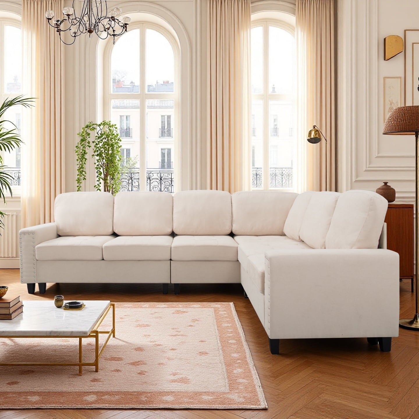CAFORKP 107.9" Reversible L-Shaped Sectional Sofa, Upholstered, Tufted, 5-Seater, Beige