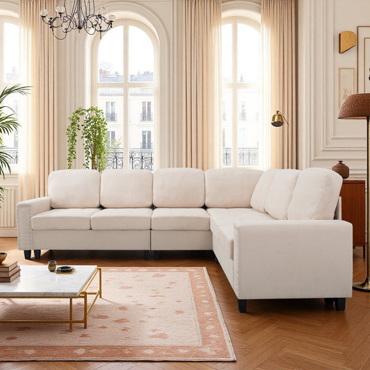 CAFORKP 107.9" Reversible L-Shaped Sectional Sofa, Upholstered, Tufted, 5-Seater, Beige