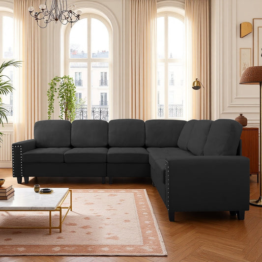 CAFORKP 107.9" Reversible L-Shaped Sectional Sofa, Upholstered, Tufted, 5-Seater, Black