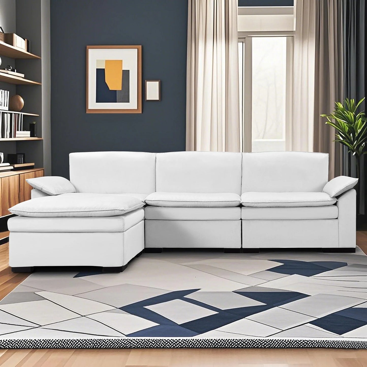 CAFORKP 117.7” Sectional Sofa with Ottoman, the ottoman is movable,White