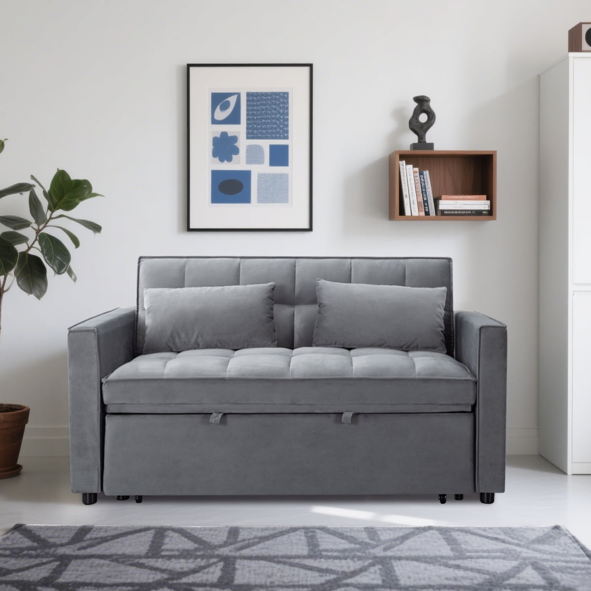 CAFORKP 55" Twin Size Pull-out Sleeper Sofa Bed with Reclining Back, Velvet Upholstery, Gray
