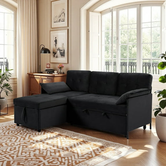 CAFORKP 77.6” Reversible Sectional Sleeper Sofa with Pull-out Bed and Storage Chaise, Velvet, Black