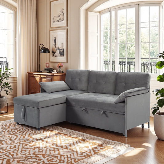 CAFORKP 77.6” Reversible Sectional Sleeper Sofa with Pull-out Bed and Storage Chaise, Velvet, Gray