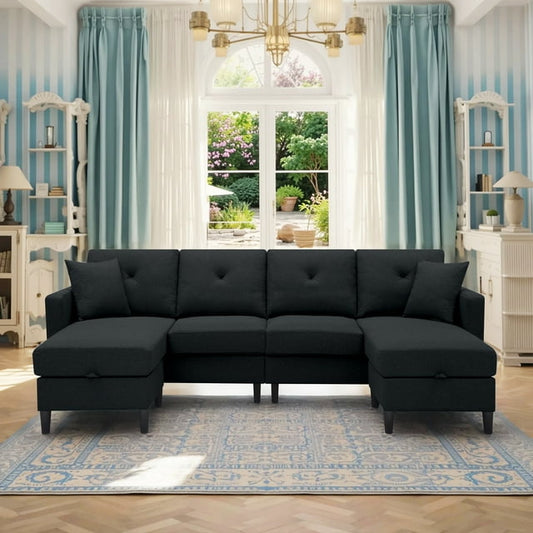 CAFORKP 99.2" U-Shaped Modular Sectional Sofa, Upholstered, Modern Design, Black