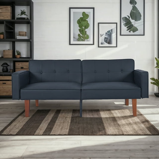 CAFORKP Black Faux Leather Sofa, Solid Wood Frame, Mid-Century Style, Foam & Spring Support