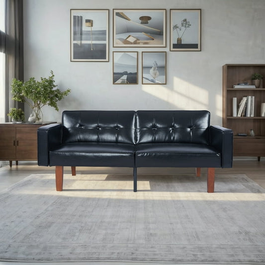 CAFORKP Black Glossy PU Leather Sofa, Solid Wood Frame, Foam & Spring Support, Modern Design