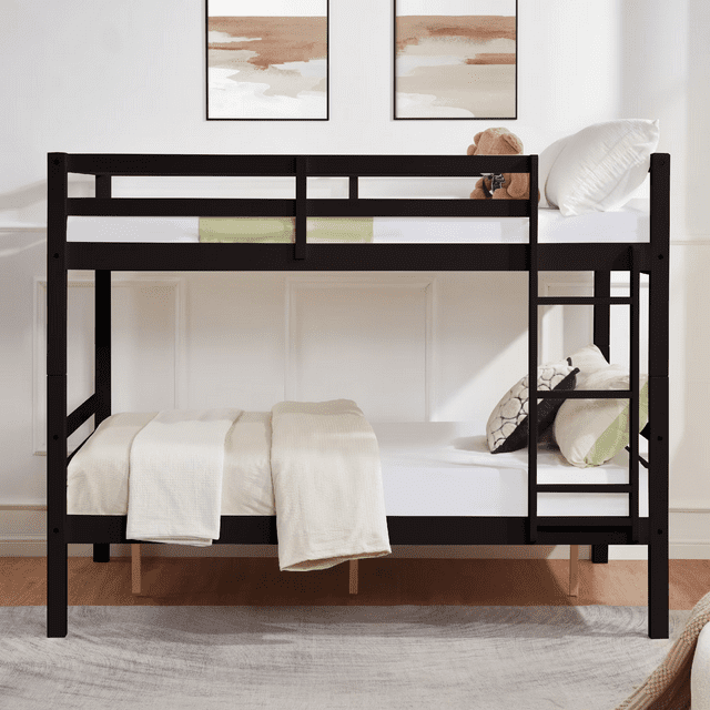 CAFORKP Full Over Full Solid Wood Bunk Bed with Thick Posts, High Guardrail & Ladder, 400LBS Capacity - Dark Brown