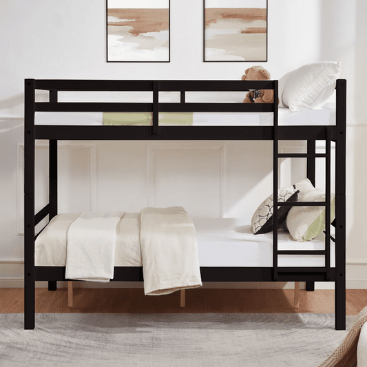 CAFORKP Full Over Full Solid Wood Bunk Bed with Thick Posts, High Guardrail & Ladder, 400LBS Capacity - Dark Brown