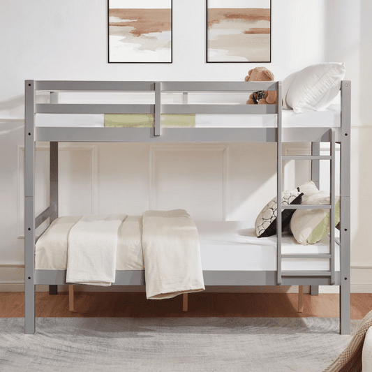 CAFORKP Full Over Full Solid Wood Bunk Bed with Thick Posts, High Guardrail & Ladder, 400LBS Capacity - Gray