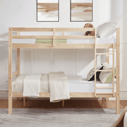 CAFORKP Full Over Full Solid Wood Bunk Bed with Thick Posts, High Guardrail & Ladder, 400LBS Capacity - Natural Wood