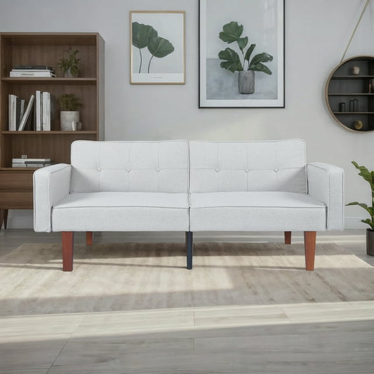 CAFORKP Gray Fabric Sofa, Solid Wood Frame, Mid-Century Style, Foam & Spring Support, Sturdy Legs