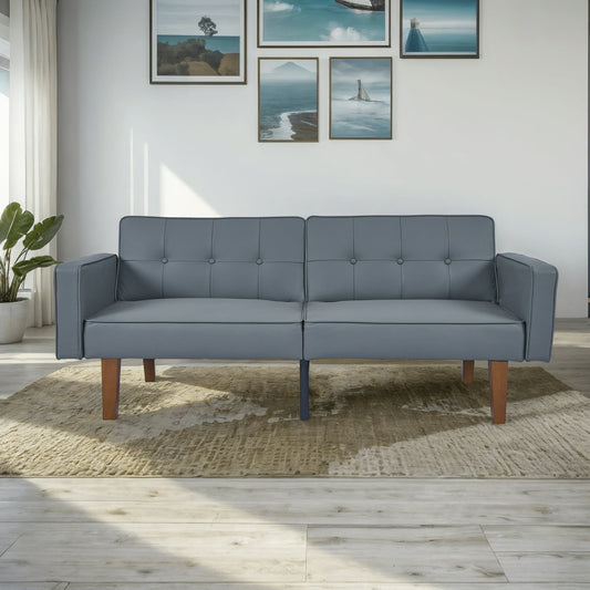 CAFORKP Gray Faux Leather Sofa, Solid Wood Frame, Mid-Century Style, Foam & Spring Support