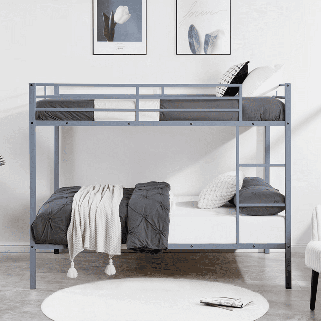 CAFORKP Heavy Duty Metal Full Over Full Bunk Bed with Ladder, Safety Guardrail & Steel Slats for Kids, Gray