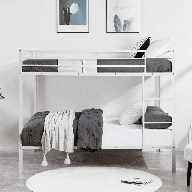 CAFORKP Heavy Duty Metal Full Over Full Bunk Bed with Ladder, Safety Guardrail & Steel Slats for Kids, White