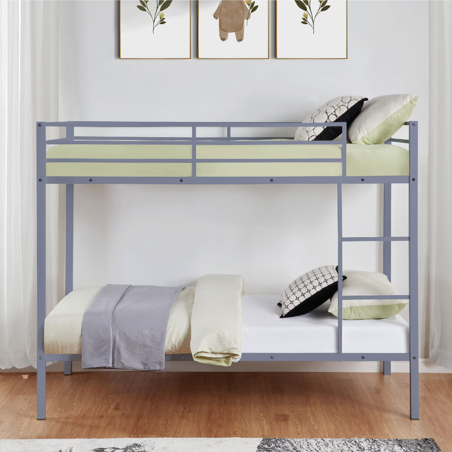 CAFORKP Metal Twin Over Twin Low Profile Bunk Bed with Ladder, High Guardrail & Steel Slats for Kids, Gray