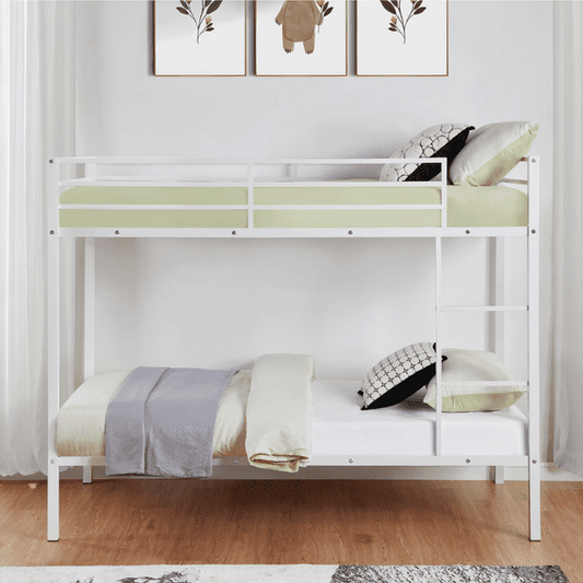 CAFORKP Metal Twin Over Twin Low Profile Bunk Bed with Ladder, High Guardrail & Steel Slats for Kids, White