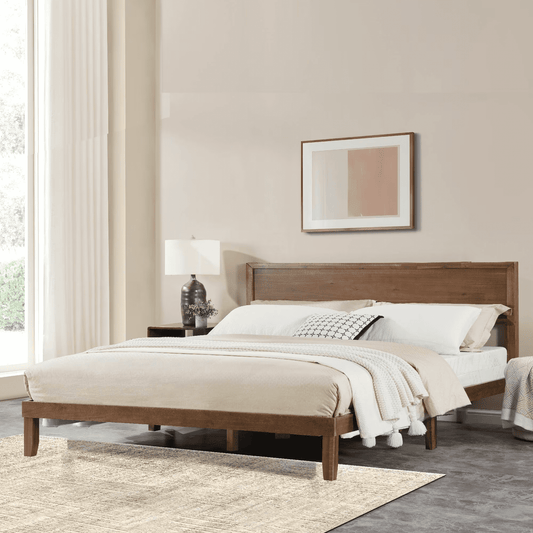 CAFORKP Modern King Oak Platform Bed with Headboard & Slats for Adults, Master Bedroom