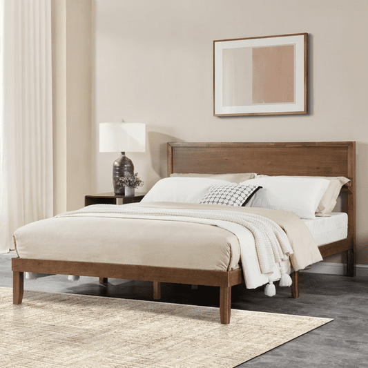CAFORKP Modern Queen Oak Platform Bed with Headboard & Slats for Adults, Living Room