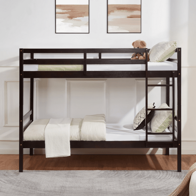 CAFORKP Solid Wood Bunk Bed for Kids with Safety Guardrail, 400 lbs Weight Capacity - Dark Brown