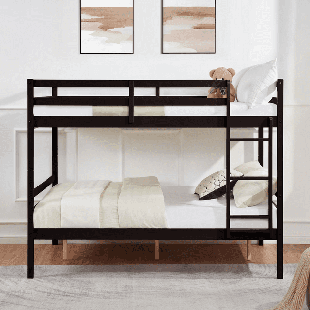 CAFORKP Solid Wood Full over Full Bunk Bed with Ladder & Guardrails, 400lbs Capacity, for Kids,Dark Brown