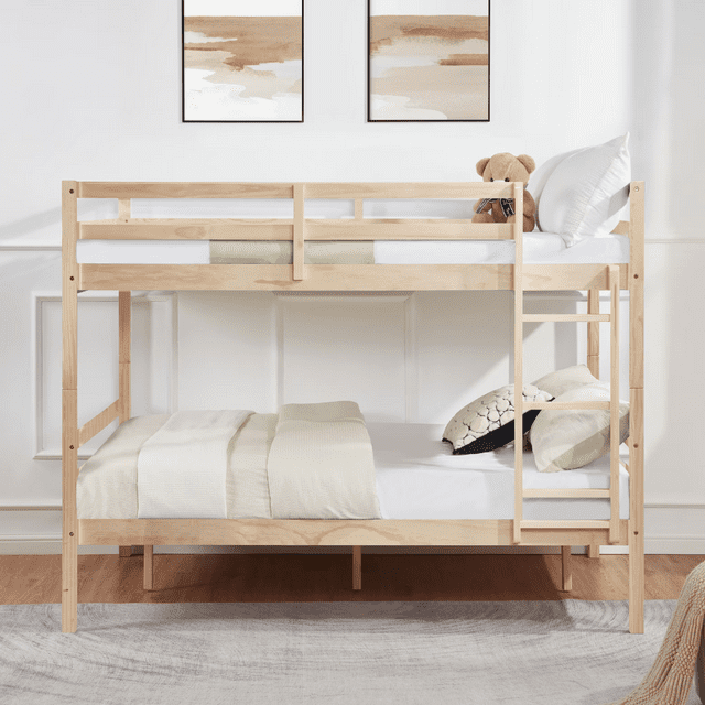 CAFORKP Solid Wood Full over Full Bunk Bed with Ladder & Guardrails, 400lbs Capacity, for Kids,Natural Wood