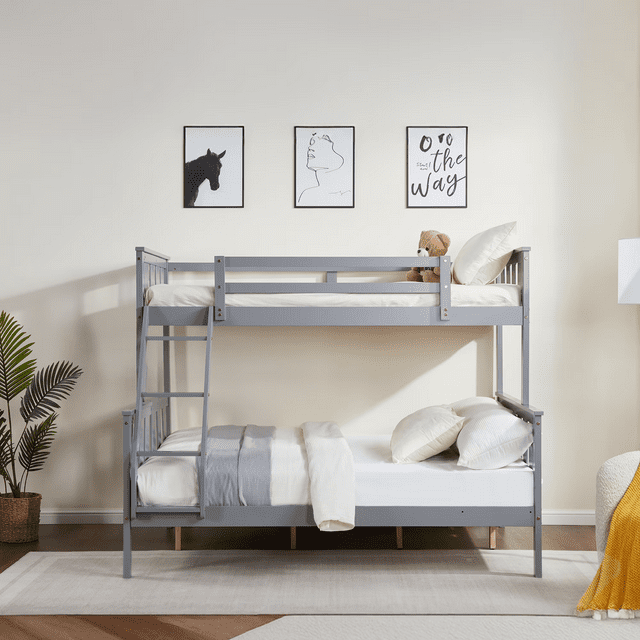 CAFORKP Solid Wood Twin Over Full Bunk Bed - Kids & Teens, Flexible Ladder, Gray