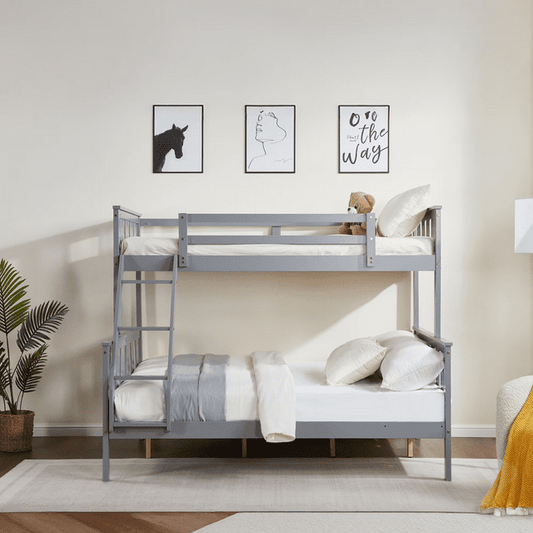 CAFORKP Solid Wood Twin Over Full Bunk Bed - Kids & Teens, Flexible Ladder, Gray