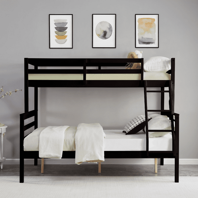 CAFORKP Solid Wood Twin Over Full Bunk Bed with Ladder and High Guardrail – Ideal for Kids & Teens, Dark Brown