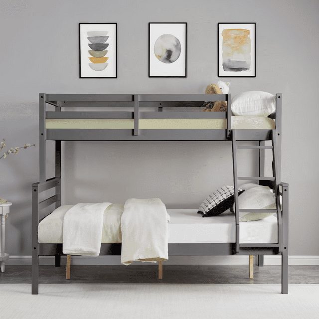 CAFORKP Solid Wood Twin Over Full Bunk Bed with Ladder and High Guardrail – Ideal for Kids & Teens, Grey