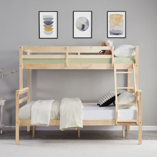 CAFORKP Solid Wood Twin Over Full Bunk Bed with Ladder and High Guardrail – Ideal for Kids & Teens, Natural Wood