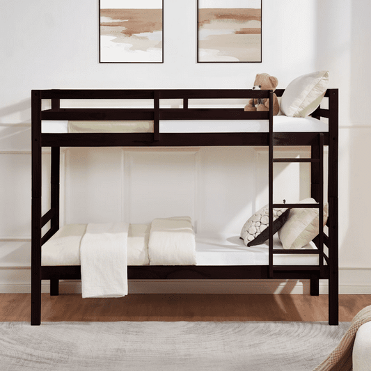 CAFORKP Solid Wood Twin over Twin Bunk Bed with Thickened Posts, Ladder & Guardrails, 400lbs Capacity,Dark Brown