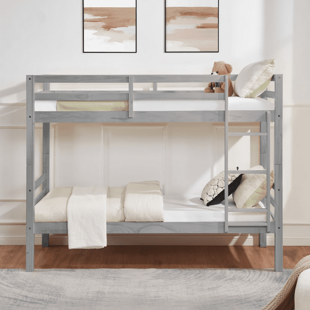 CAFORKP Solid Wood Twin over Twin Bunk Bed with Thickened Posts, Ladder & Guardrails, 400lbs Capacity,Gray