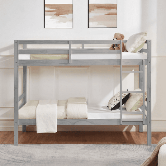 CAFORKP Solid Wood Twin over Twin Bunk Bed with Thickened Posts, Ladder & Guardrails, 400lbs Capacity,Gray