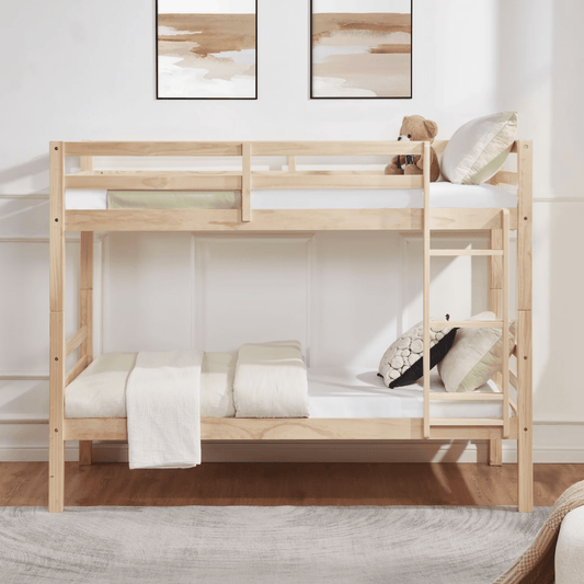 CAFORKP Solid Wood Twin over Twin Bunk Bed with Thickened Posts, Ladder & Guardrails, 400lbs Capacity,Natural Wood
