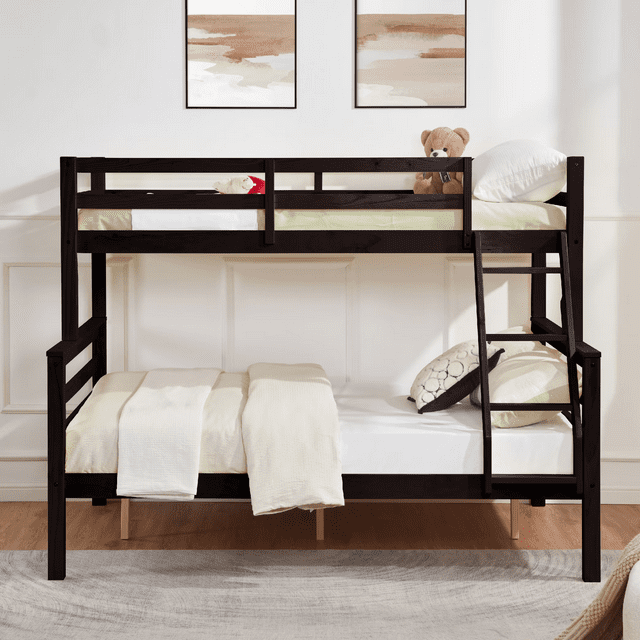 CAFORKP Twin Over Full Wooden Bunk Bed with Thick Posts, High Guardrail & Ladder for Kids, Brown