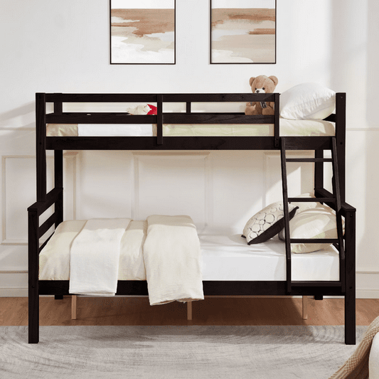 CAFORKP Twin Over Full Wooden Bunk Bed with Thick Posts, High Guardrail & Ladder for Kids, Brown