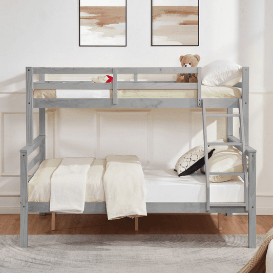 CAFORKP Twin Over Full Wooden Bunk Bed with Thick Posts, High Guardrail & Ladder for Kids, Gray