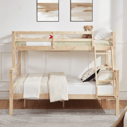 CAFORKP Twin Over Full Wooden Bunk Bed with Thick Posts, High Guardrail & Ladder for Kids, Natural Wood