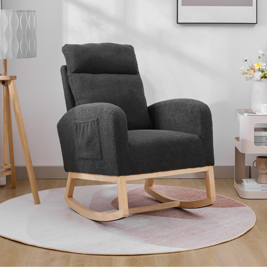CAFORKP Upholstered Nursery Rocking Chair with High Back, Side Pocket, Wood Base, Dark Gray