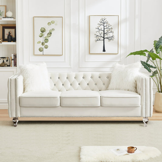 CAFORKP Velvet 3-Seater Sofa, Solid Wood Frame, Button Tufted, Curved Arms, Polyester Upholstery, Beige