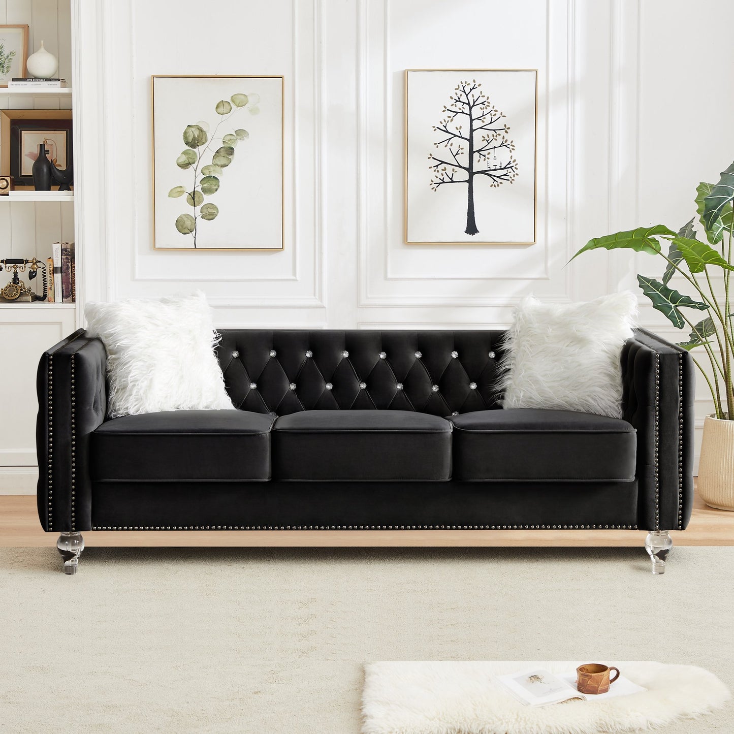 CAFORKP Velvet 3-Seater Sofa, Solid Wood Frame, Button Tufted, Curved Arms, Polyester Upholstery, Black