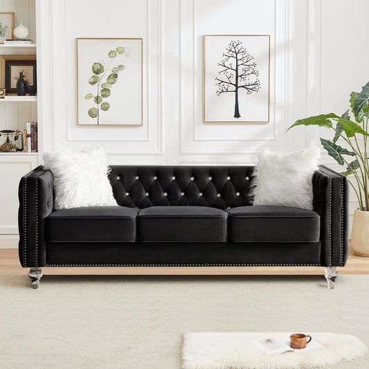 CAFORKP Velvet 3-Seater Sofa, Solid Wood Frame, Button Tufted, Curved Arms, Polyester Upholstery, Black