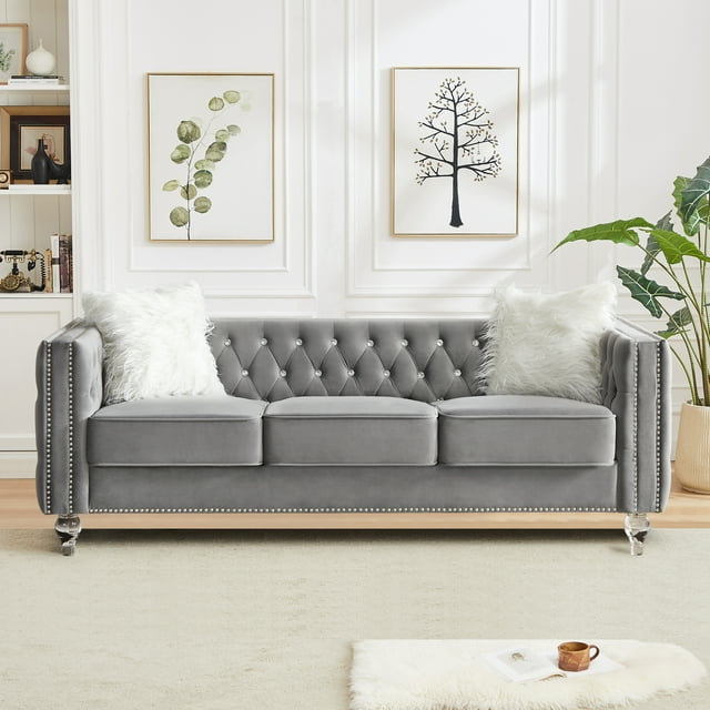CAFORKP Velvet 3-Seater Sofa, Solid Wood Frame, Button Tufted, Curved Arms, Polyester Upholstery, Gray