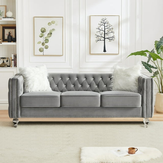 CAFORKP Velvet 3-Seater Sofa, Solid Wood Frame, Button Tufted, Curved Arms, Polyester Upholstery, Gray